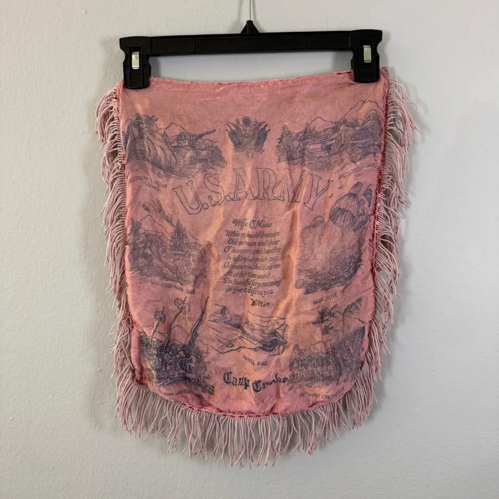 US Army Camp Cooke Souvenir Fabric Panel Pink Fringe Vtg Military Memorabilia